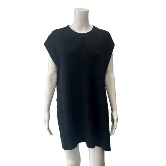$238 Roucha Black Wool Knit Ribbed Tunic Silas Slit Sweater Vest size C/Large - Picture 2 of 9